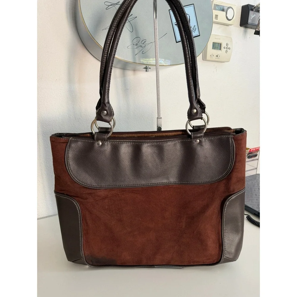 Brown Faux Suede Leather Laptop Tote Bag Professional Work Shoulder Bag 15in